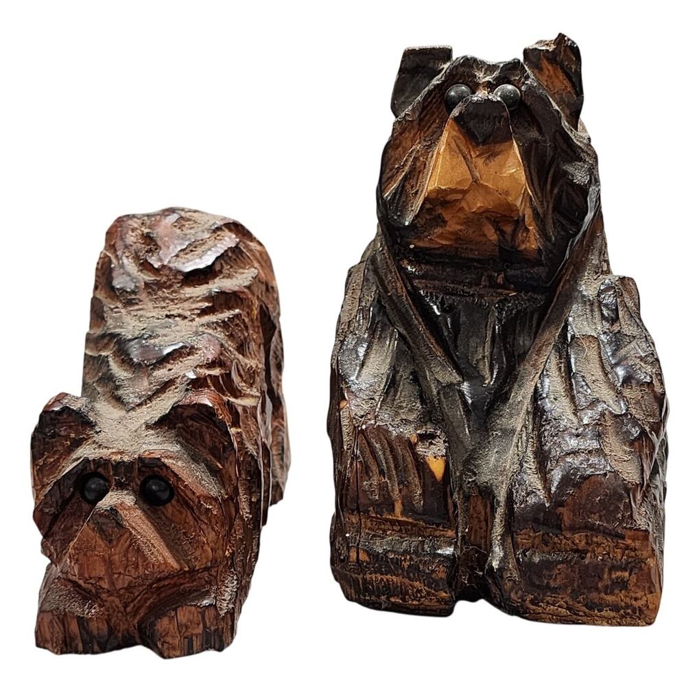 2 Hand Carved Wooden Bears Sitting & Crouching Figurines Sculptures Rustic Decor
